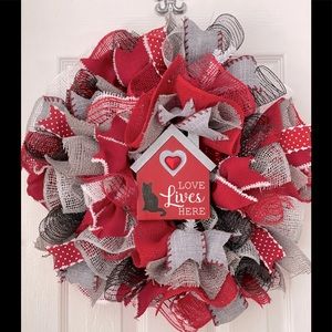Valentine’s wreath “LOVE Lives Here” HANDPAINTED silhouette can b pet customized